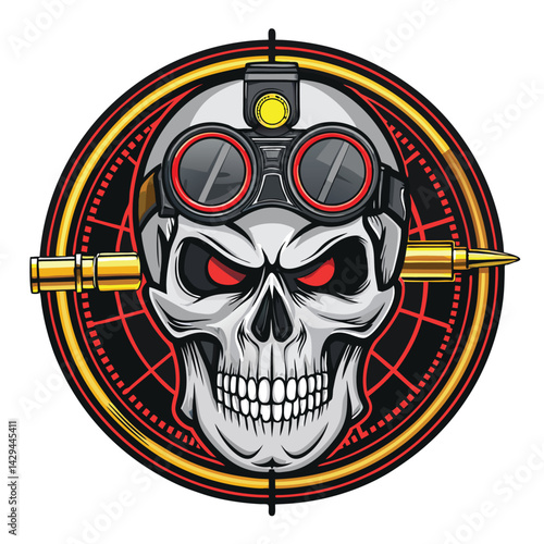 A skull, meticulously detailed, replaces the sniper's head; one eye socket holds a telescopic scope; bullet casings frame the skull.  Create a gritty, realistic illustration.