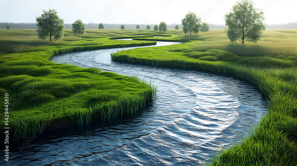 Serene winding river through lush green meadows. Peaceful nature landscape with flowing water, perfect for environmental, travel, and wellness themes. Serene winding river through lush green meadows. Peaceful nature landscape with flowing water, perfect for environmental, travel, and wellness themes.