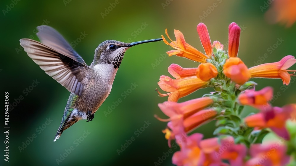 Fototapeta premium Hummingbird in flight, feasting on vibrant flowers.