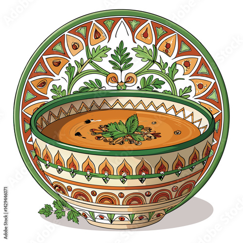 A richly detailed digital painting of an ornate ceramic soup bowl brimming with a vibrant green broth, featuring delicately floating herbs.