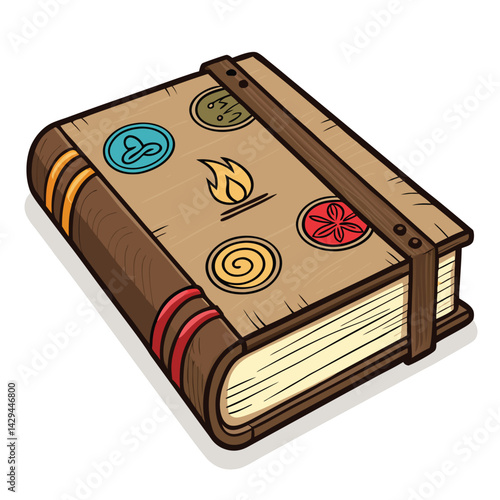 Design a spellbook icon featuring distinct elemental chapter markers (fire, water, earth, air) clearly depicted within a stylized open book.