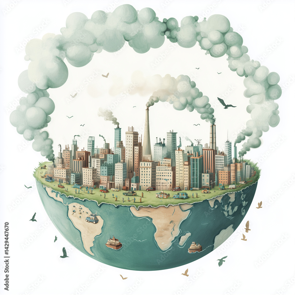 Ilustração plana de um globo com fábricas, carros e prédios, com bordas levemente rachadas, sugerindo tensão. Cores suaves e formas simplificadas criam uma sensação lúdica, com nuvens, pássaros