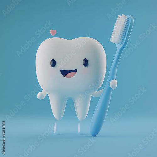 Obraz na płótnie Um personagem fofo de dente segurando uma escova de dentes grande azul e branca, sorrindo com alegria contra um fundo azul claro. Estilo cartoon, simples e encantador, com um coração no topo da cabeça w salonie