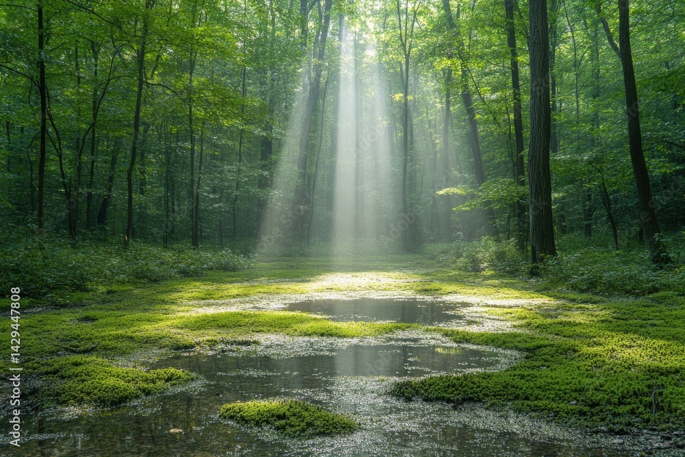 Obraz premium Sunlight filters through trees in a tranquil forest creating a serene atmosphere above a reflective pond