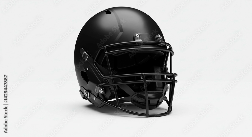 Fototapeta premium A close up shot of a black football helmet on a white background with a black face mask and black accents