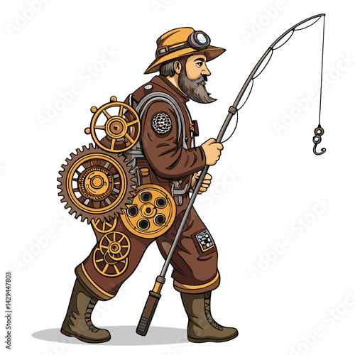 A detailed illustration of a steampunk fisherman, his clothing and body intricately adorned with gears, cogs, and fishing hooks; a biomechanical aesthetic.