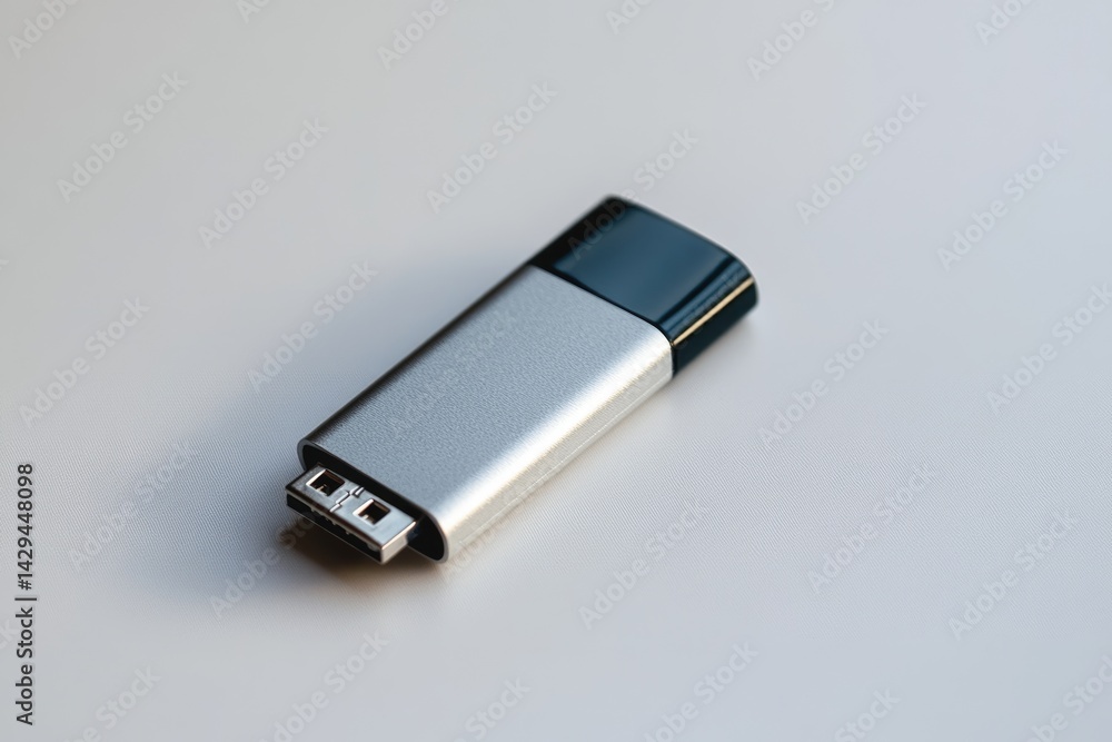 A sleek, silver and black USB flash drive rests on a white surface. A sleek, silver and black USB flash drive rests on a white surface.
