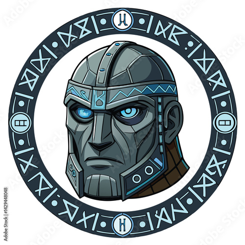 A detailed rendering of a weathered stone golem head, showcasing intricate glowing runes etched across its forehead.  Focus on the texture of the stone and the luminescent runes.