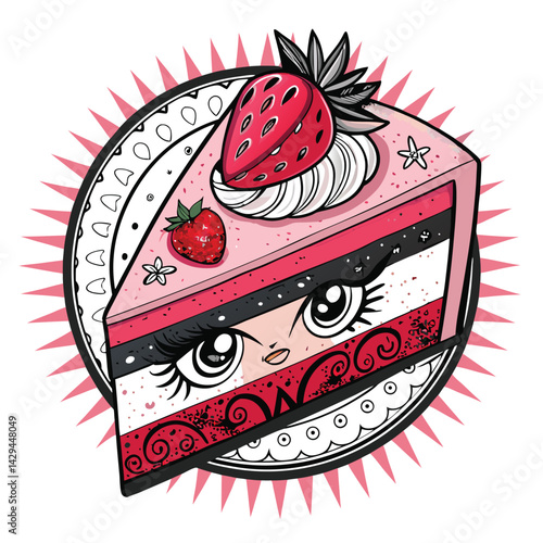 A whimsical slice of cake with expressive cartoon eyes and intricate, colorful tattoos, presented on a dessert plate.