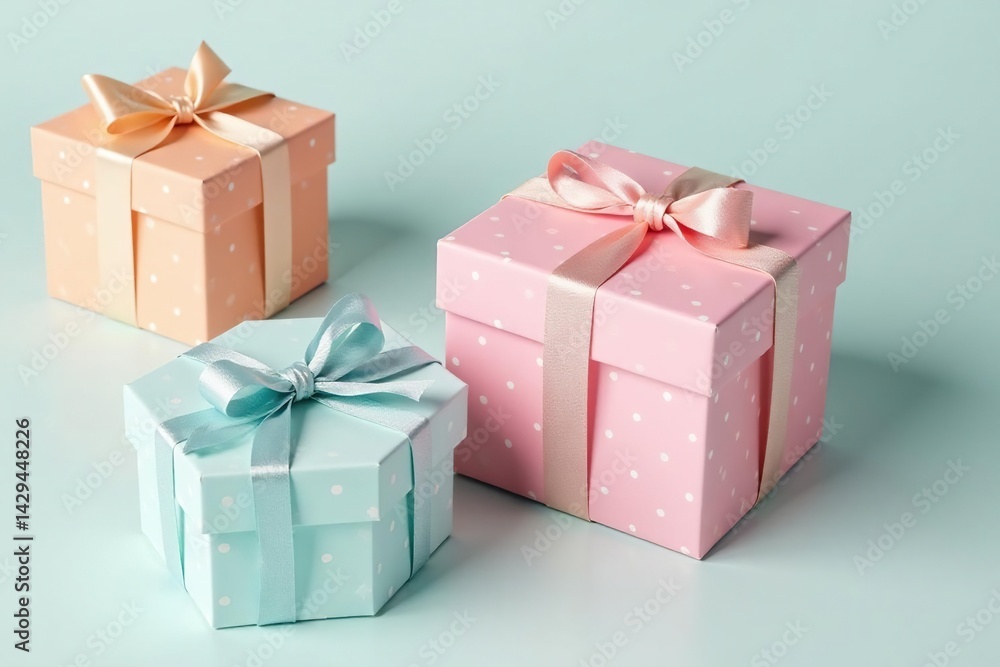 Obraz premium Subtle pastel coloured gift boxes, dotted pattern, spring, photo, light