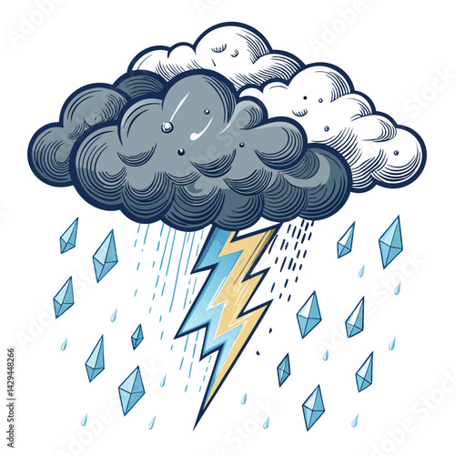 A dramatic grayscale and blue image depicting a menacing storm cloud unleashing a torrential downpour of sharp ice shards.  The scene is atmospheric and ominous.