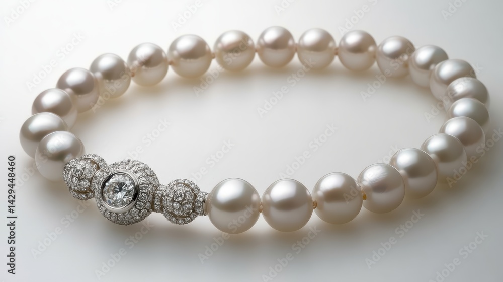 Round pearl necklace with diamond clasp, isolated on white background Round pearl necklace with diamond clasp, isolated on white background