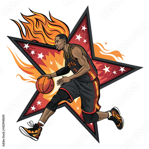 A dynamic streetball player, fiery energy emanating from within, intensely dribbling the basketball on a gritty urban court.
