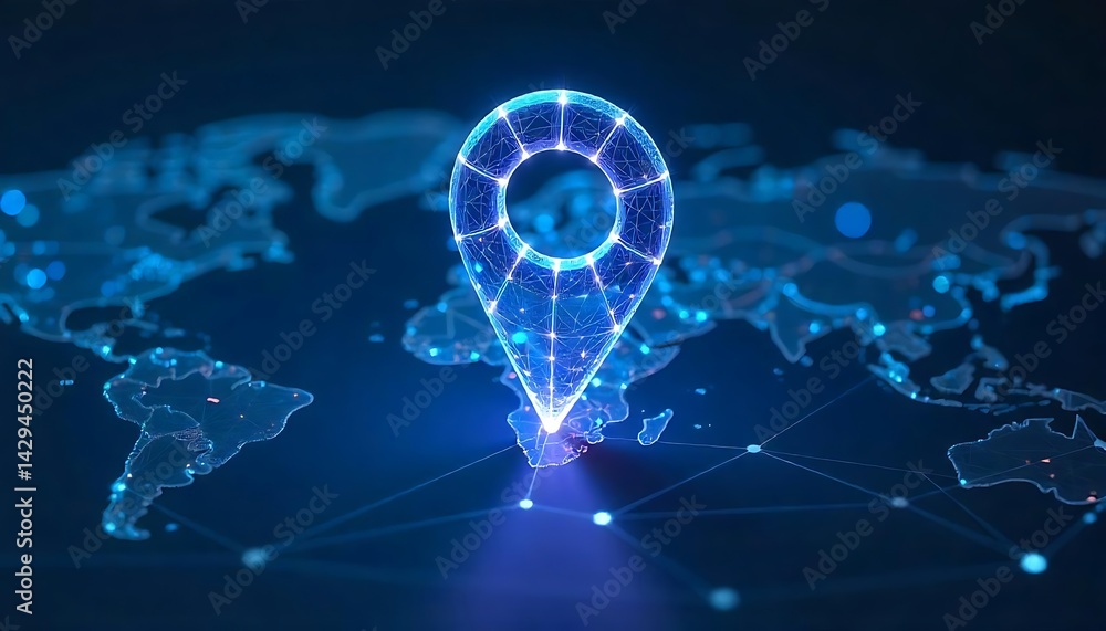 Abstract location pin. Digital gps light icon. Low poly wireframe vector illustration in futuristic hologram style on blue technology background. Travel and tourism locate, created with generative ai Abstract location pin. Digital gps light icon. Low poly wireframe vector illustration in futuristic hologram style on blue technology background. Travel and tourism locate, created with generative ai