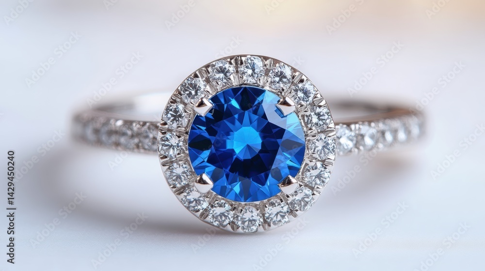 Elegant sapphire engagement ring with diamond halo, isolated on white background Elegant sapphire engagement ring with diamond halo, isolated on white background