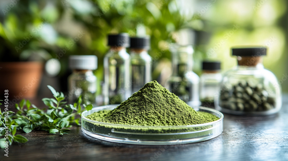 Green powder in a petri dish symbolizes scientific exploration of natural remedies and plant-based medicine with lab tools and herbal extracts suggesting innovation in modern herbal research