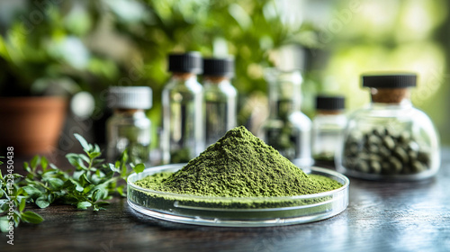 Obraz na płótnie Green powder in a petri dish symbolizes scientific exploration of natural remedies and plant-based medicine with lab tools and herbal extracts suggesting innovation in modern herbal research
w salonie