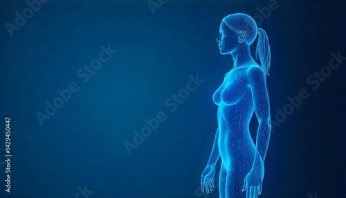 Abstract digital human body. Polygonal wireframe silhouette. Low poly anatomy blue background. A  futuristic man or woman model. 3D vector illustration, created with generative ai