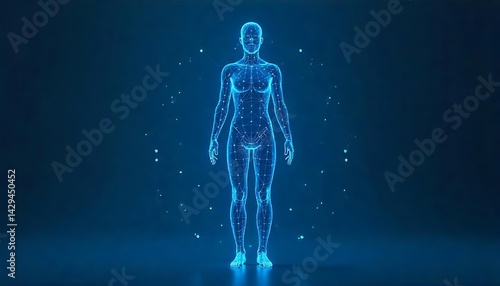 Abstract digital human body. Polygonal wireframe silhouette. Low poly anatomy blue background. A  futuristic man or woman model. 3D vector illustration, created with generative ai