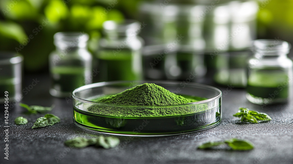 Green powder in a petri dish symbolizes scientific exploration of natural remedies and plant-based medicine with lab tools and herbal extracts suggesting innovation in modern herbal research