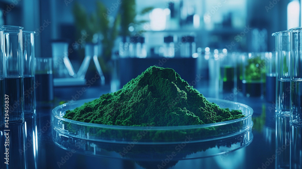 Green powder in a petri dish symbolizes scientific exploration of natural remedies and plant-based medicine with lab tools and herbal extracts suggesting innovation in modern herbal research