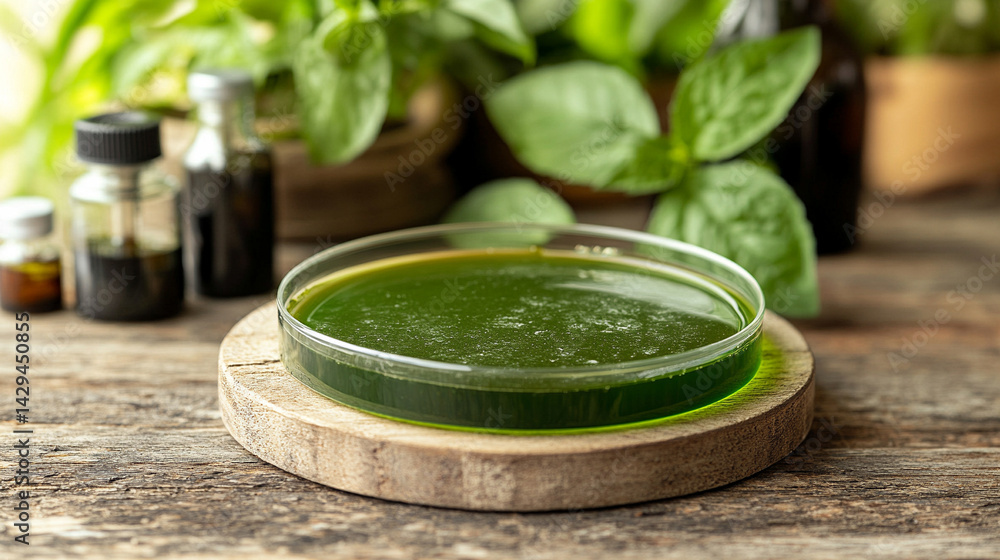 Green powder in a petri dish symbolizes scientific exploration of natural remedies and plant-based medicine with lab tools and herbal extracts suggesting innovation in modern herbal research