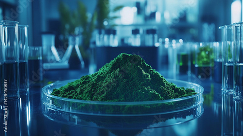 Obraz na płótnie Green powder in a petri dish symbolizes scientific exploration of natural remedies and plant-based medicine with lab tools and herbal extracts suggesting innovation in modern herbal research
w salonie