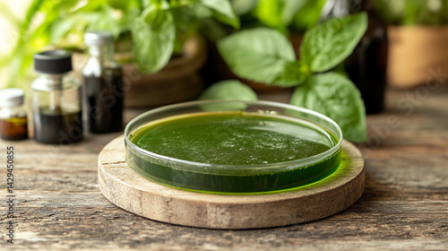 Obraz na płótnie Green powder in a petri dish symbolizes scientific exploration of natural remedies and plant-based medicine with lab tools and herbal extracts suggesting innovation in modern herbal research
w salonie