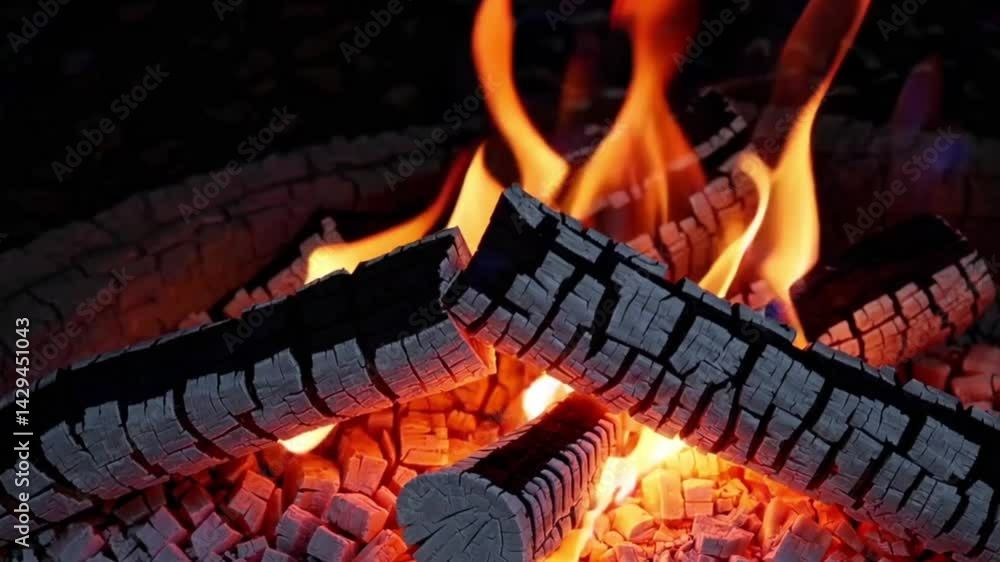 Fire burning bright with firewood logs in fireplace for warmth and cozy winter nights relax 4k video UDH