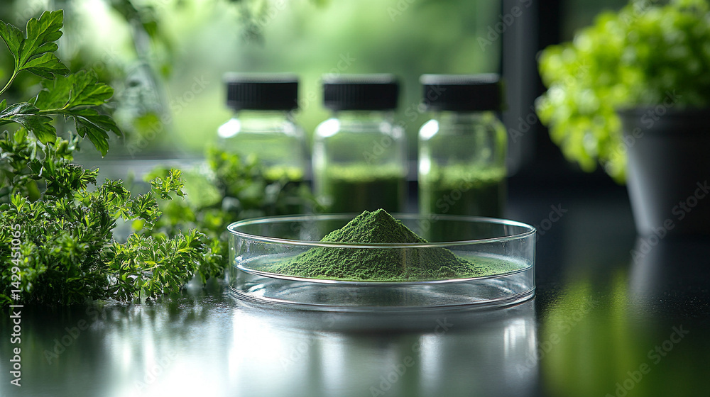 Green powder in a petri dish symbolizes scientific exploration of natural remedies and plant-based medicine with lab tools and herbal extracts suggesting innovation in modern herbal research