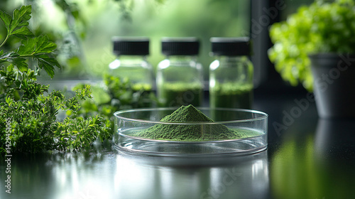 Obraz na płótnie Green powder in a petri dish symbolizes scientific exploration of natural remedies and plant-based medicine with lab tools and herbal extracts suggesting innovation in modern herbal research
w salonie