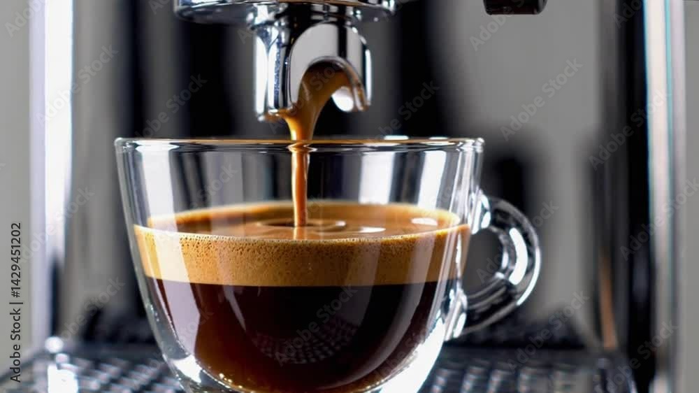 Espresso shot brewing: a close up of coffee pouring into a glass cup from espresso machine spout 4k video UDH