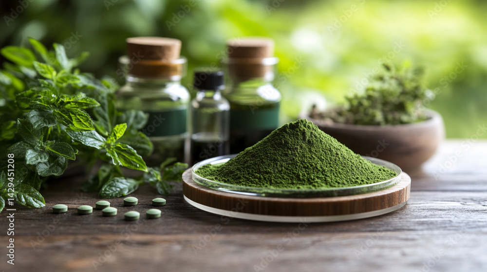 Green powder in a petri dish symbolizes scientific exploration of natural remedies and plant-based medicine with lab tools and herbal extracts suggesting innovation in modern herbal research