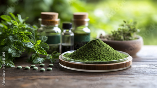 Green powder in a petri dish symbolizes scientific exploration of natural remedies and plant-based medicine with lab tools and herbal extracts suggesting innovation in modern herbal research

