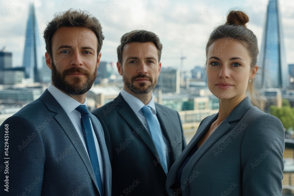 Confident business team standing together in London cityscape, showcasing professionalism and success. Confident business team standing together in London cityscape, showcasing professionalism and success.