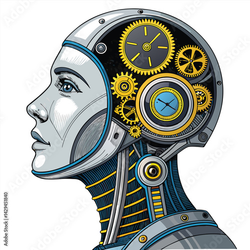 A futuristic android head, intricately detailed with exposed clockwork gears, subtly hinting at time travel.  One prominent clock gear is highlighted.