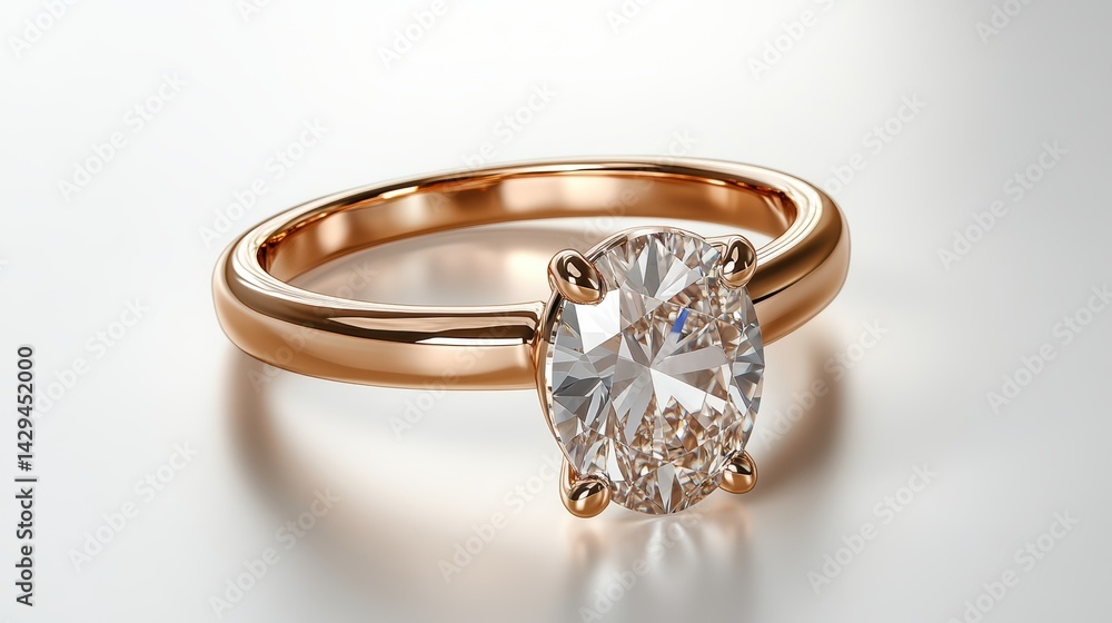 Timeless rose gold engagement ring with oval diamond, isolated on white background Timeless rose gold engagement ring with oval diamond, isolated on white background