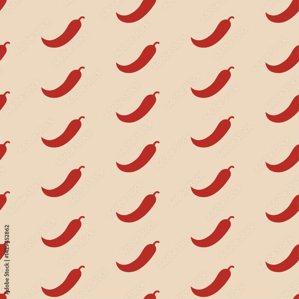 Obraz premium Seamless pattern with chili pepper in flat style on beige background. Minimalistic design for kitchen, cafe, textile. Vector illustration. 