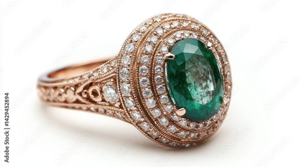 Fototapeta premium Exquisite emerald and diamond cocktail ring in rose gold, isolated on white background