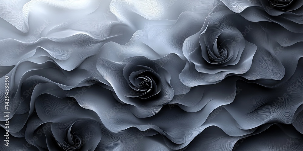 Fototapeta premium An abstract background featuring swirling gray and black rose-like shapes with smooth gradients, ideal for copy space