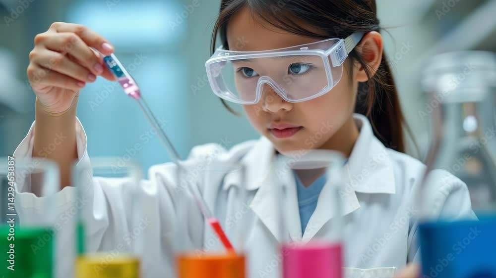 Young Scientist Conducting Experiment with Colorful Liquids in Lab Young Scientist Conducting Experiment with Colorful Liquids in Lab