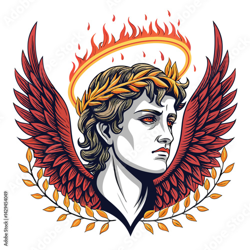 A dramatic close-up of an enraged angel's head, its broken wings visible within flaming hair, conveying intense vengeance.