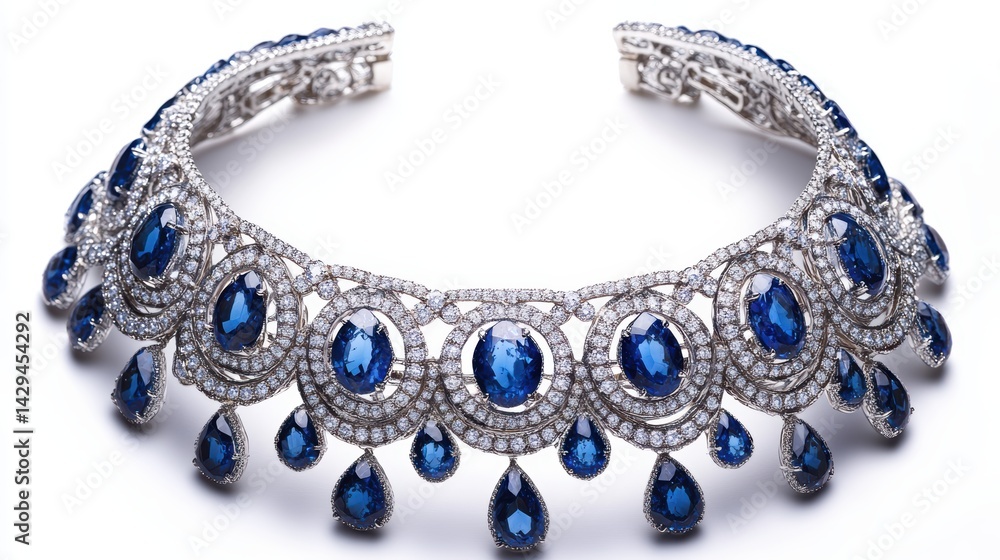 High-jewelry choker with layers of diamonds and sapphires, isolated on white background High-jewelry choker with layers of diamonds and sapphires, isolated on white background