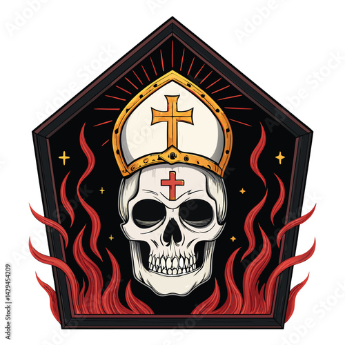 A vengeful priest's skull head, aflame, with a burning cross embedded in its forehead.  Dark, detailed, gothic horror style.