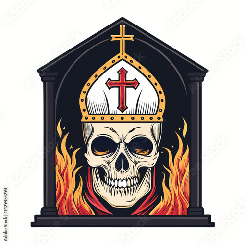A vengeful priest's skull, ablaze with fiery embers, forms a burning cross; detailed, dark fantasy art.