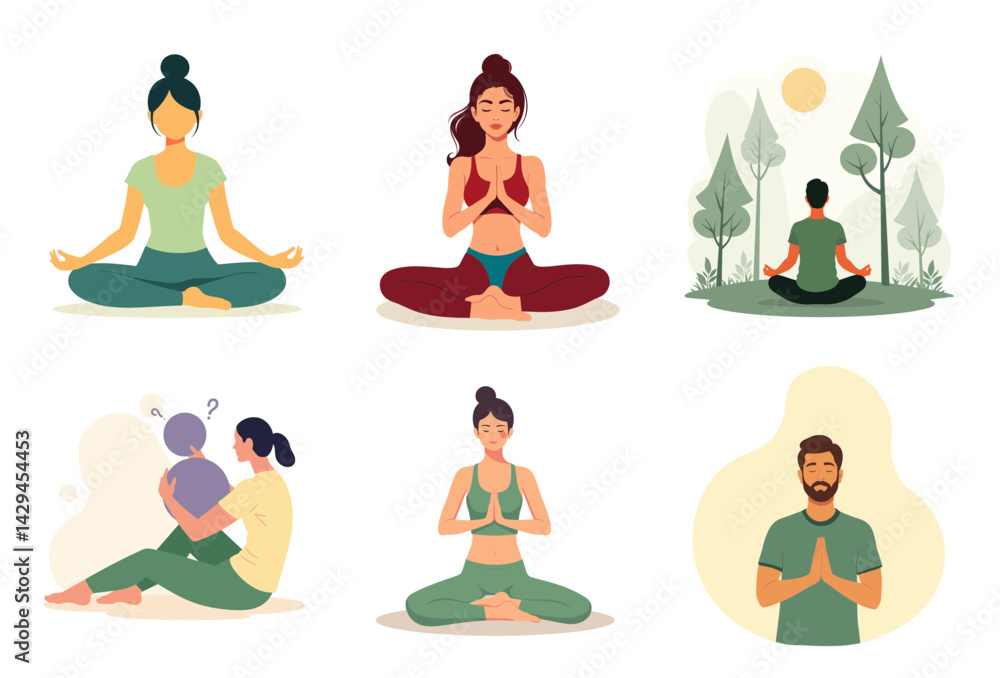 Calm individuals practicing yoga and meditation in serene settings Calm individuals practicing yoga and meditation in serene settings