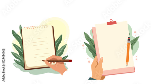 Hands writing on notepad and clipboard with greenery background  
