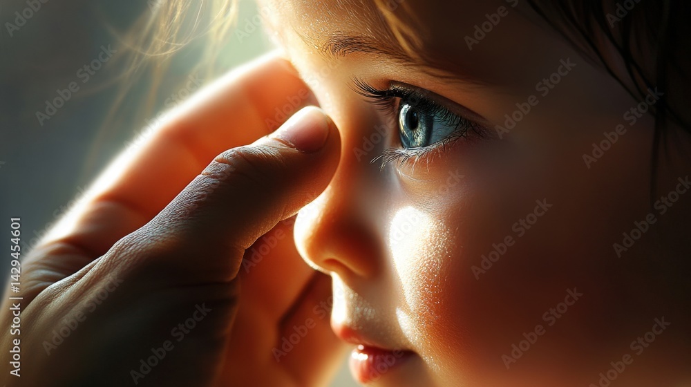 Fototapeta premium Close-up portrait of a child's face, bathed in soft light.