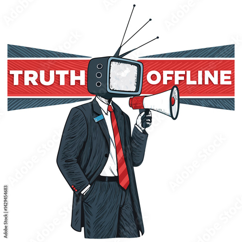 A surreal depiction of a TV-headed figure broadcasting blatant falsehoods, with the truth symbolically offline and disconnected.