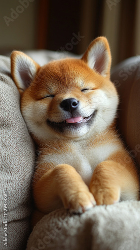 Obraz na płótnie Happy smiling Shiba Inu dog isolated on a clean background symbolizes joy loyalty and the spirited nature of Japanese culture ideal for concepts of positivity independence and friendly energy
w salonie
